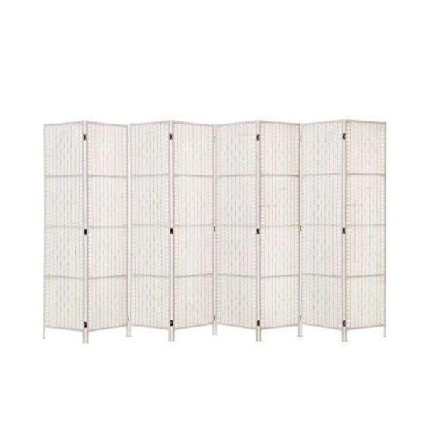 8 Panels Room Divider Screen Privacy Rattan Timber Fold Woven Stand - White