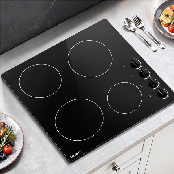 Devanti 60cm Electric Ceramic Cooktop 4 Zone Knob Control 8 Step Heat Timer Overheat Protection Safety Lock