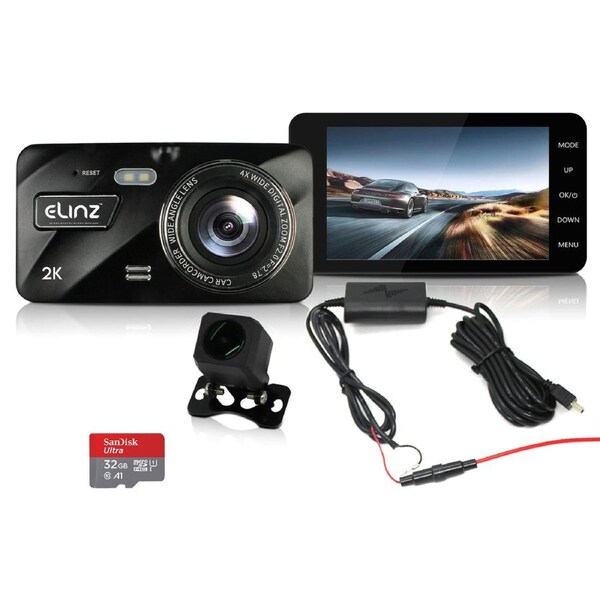Elinz 4.0 Touch Screen 2K Dash Cam Dual Camera Reversing 1080P Rear WiFi 32GB