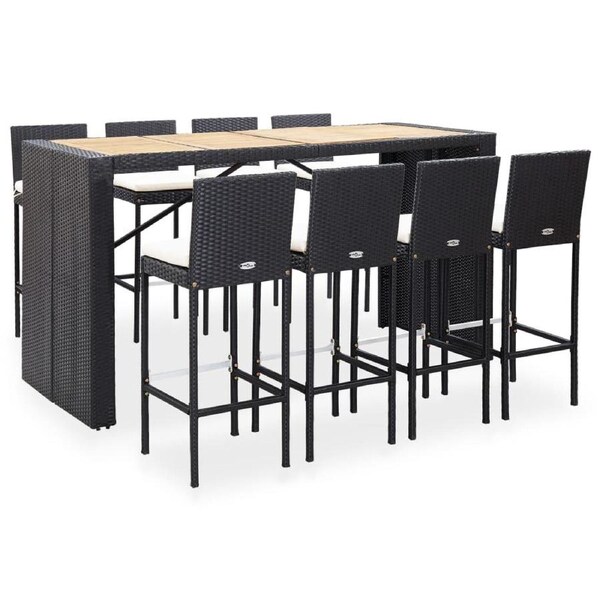 9 Piece Outdoor Bar Set Poly Rattan and Acacia Wood Black vidaXL