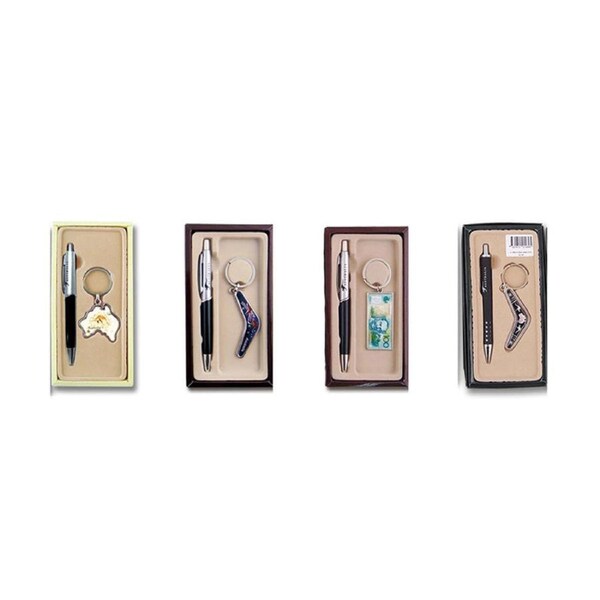 Australian Souvenirs Pen and Keychain Set Keyring Bulk Aussie Gift Silver Map