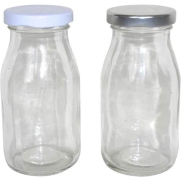 36 x Mini Small Glass Milk Juice Candy Bottle 200ML With Screw Top Silver White Lid W