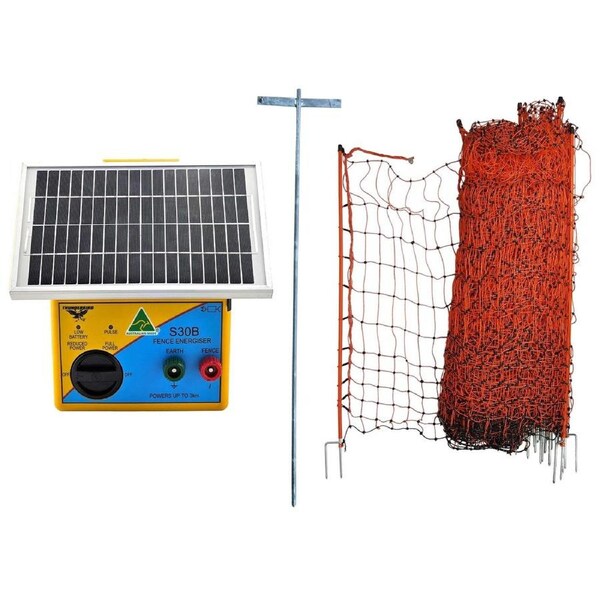 Thunderbird 50m Poultry Netting & S-30B 3km Electric Fence Energiser - SolarKit1