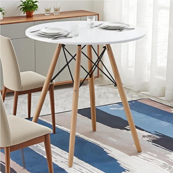 BRIBRION 1x White Round Dining Table DIA 80CM For Home Office Kitchen Eiffel Wood Legs DSW Eames Replica 4 Seater