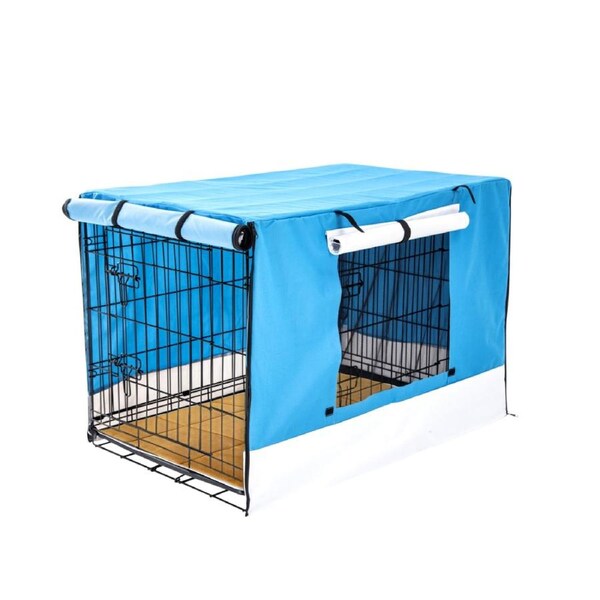 Wire Dog Cage Crate 30in with Tray + Cushion Mat + BLUE Cover Combo