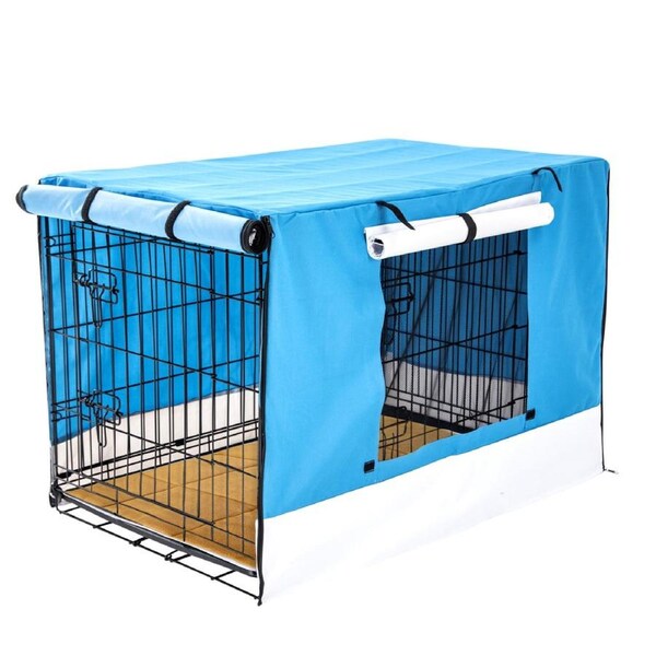 Wire Dog Cage Crate 48in with Tray + Cushion Mat + BLUE Cover Combo