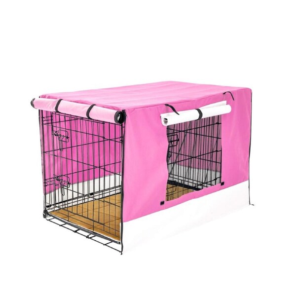 Wire Dog Cage Crate 30in with Tray + Cushion Mat + PINK Cover Combo