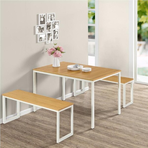 Zinus Soho Dining Table with Two Benches - 3 Pieces Dining Table Set - White