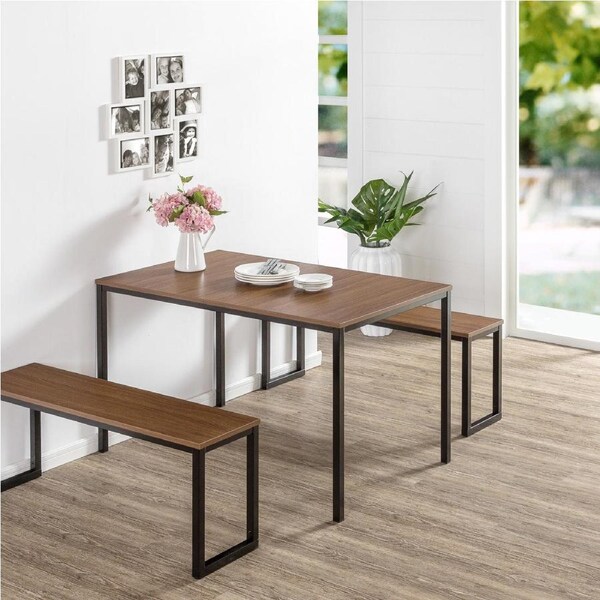 Zinus Soho Dining Table with Two Benches - 3 Pieces Dining Table Set - Brown