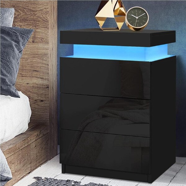 Artiss Bedside Table 3 Drawers LED Black
