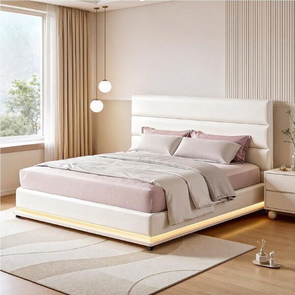 Artiss Bed Frame Double Size with LED Lights Platform Double Beds White LUMI