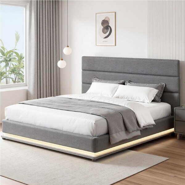 Artiss Bed Frame Queen Size with LED Lights Platform Queen Beds Grey LUMI