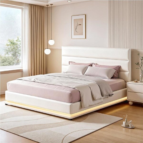 Artiss Bed Frame Queen Size with LED Lights Platform Queen Beds White LUMI