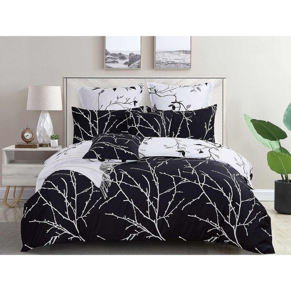 Tree Reversible Quilt/Doona/Duvet Cover Set(Queen Size) - Black M411