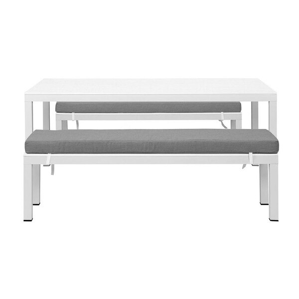 Manly 3 Piece White Aluminium Outdoor Bench Dining Set with Grey Cushion