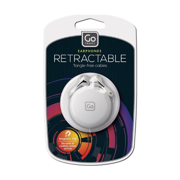 Go Travel Retractable Tangle Free Cable Earphones W/ Magnetic Clip White