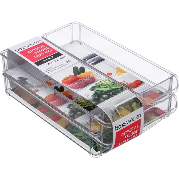 3PK Boxsweden 30x20cm Crystal Fridge/Pantry Kitchen Food BPA Free Tray Clear