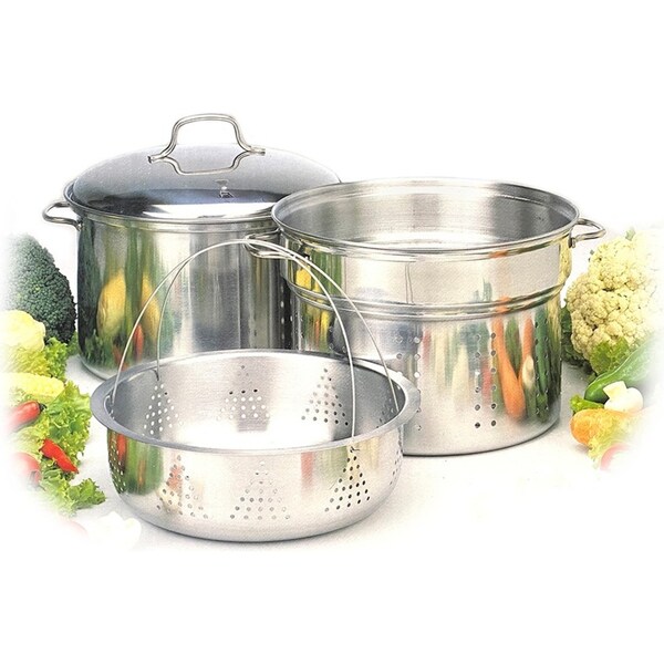 4pc Stainless Steel 7.6L Stockpot Food Steamer Basket & Strainer Colander Pasta