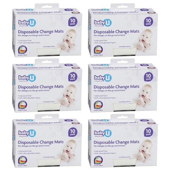 6x 10PK Baby U Disposable Portable Change Mats Nappies/Diaper Changing Pads WHT