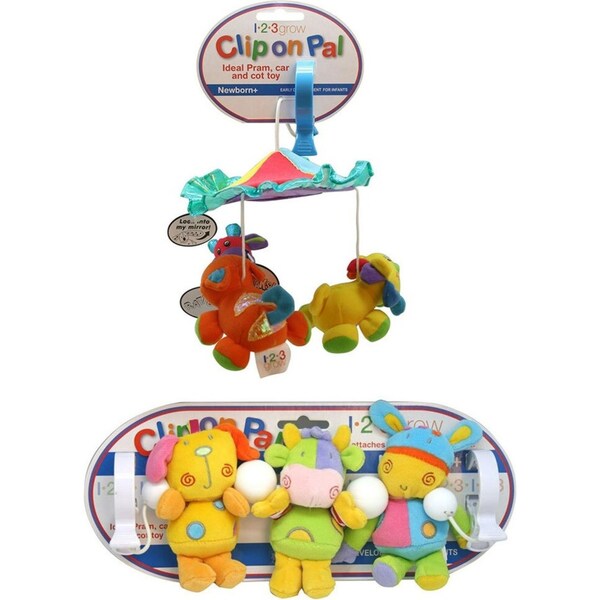 2x 123 Grow Clip On Pals Toys Domestix/Jungle f/ Newborn 0m+ Pram/Strollers/Car