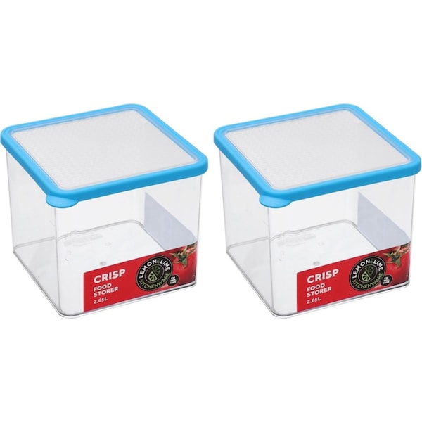 2x Lemon & Lime 2.65L Square Crisp Food Storage Container Dishwasher Safe Blue