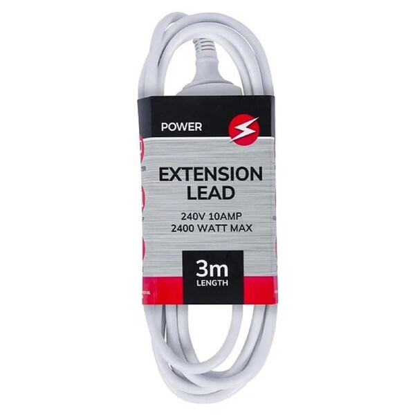 Power 3m Extension Lead/Cord Cable AU/NZ 2400W 240V Home/Office Indoor Plug WHT