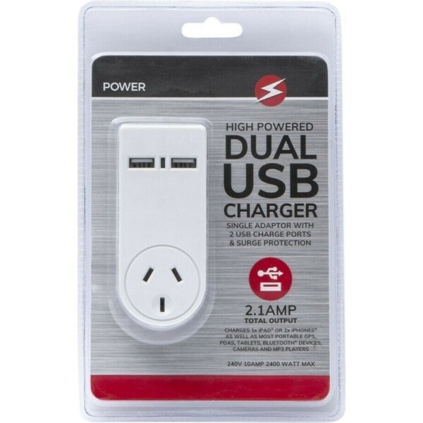 Power 2.1 AMP Single Adapter & Dual USB Charger with Surge Protect f/Indoor Home