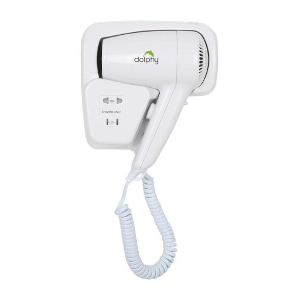 Dolphy Low Noise Wall Mounted Hair Dryer 1200W - White ABS Plastic, Quiet Operation, Dual Voltage Shaver Socket
