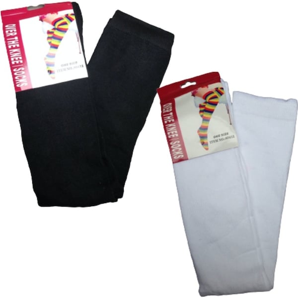 2 Pairs Ladies Over The Knee Socks Plain Black + White High Thigh Long Stockings