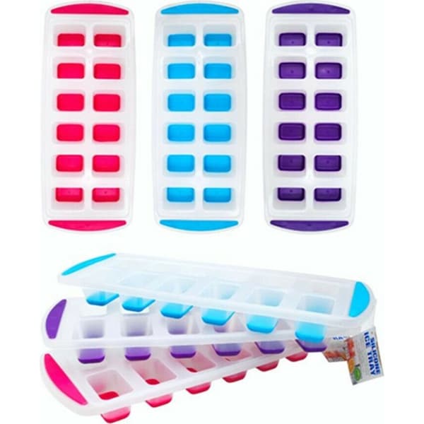 3pk Ice Cube Tray Rectangle Silicone Bottom Ice Mold Maker Plastic 3 Colours