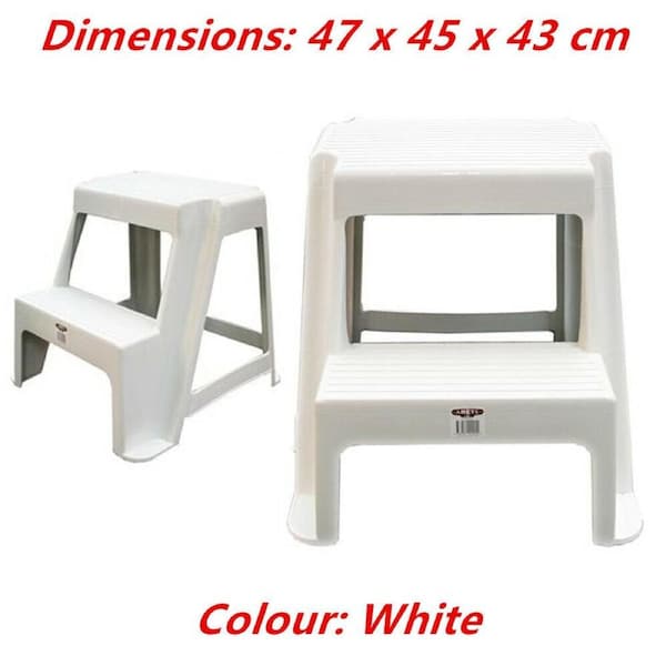 White Large Double Step Stool White Black 2-step Plastic Portable Ladder 47x45x43cm