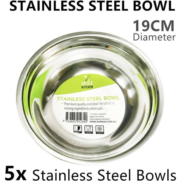 5 x Stainless Steel Bowl 19CM Food Serving Mixing Salad Rice Soup Fruit Noodle