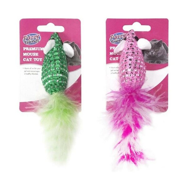 2 x Fluffy Mouse Cat Play Toys Pet Interactive Chew Tease Mice Rat Feather Fur