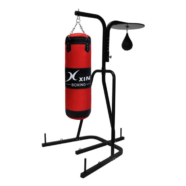 2 Way Boxing Bag Stand Black Rack - 20kg Fully Staffed Punching Bag + Speed Ball
