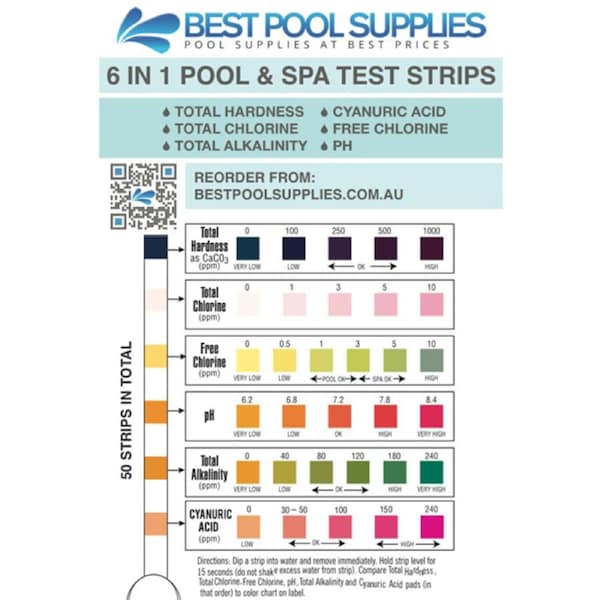 6 in 1 Swimming Pool & Spa Water Test Strips - 50 Strips