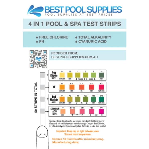 4 in 1 Swimming Pool & Spa Water Test Strips - 50 Strips