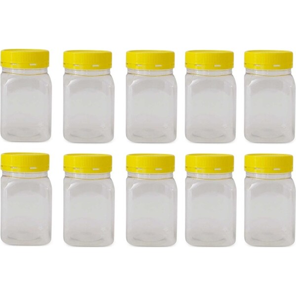 10x 500g Plastic Honey Jars + Lids - Square Clear Food Grade Packaging Containers