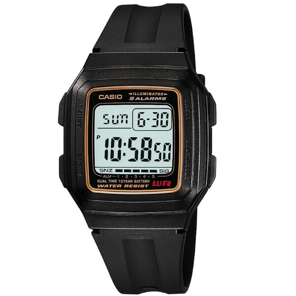 Casio F-201WA-9A Black Gold Illuminator Dual Time Multi-function Digital Watch