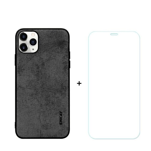 For iPhone 11 Pro Max Case Fabric Texture Black Tempered Glass Screen Protector