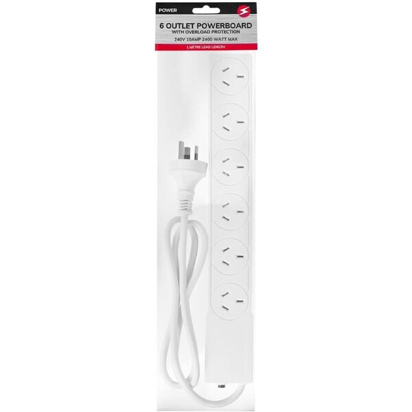 6 Way Socket Outlet PowerBoard PowerPoint Plug 1M 240V 10AMP SAA AU Standard