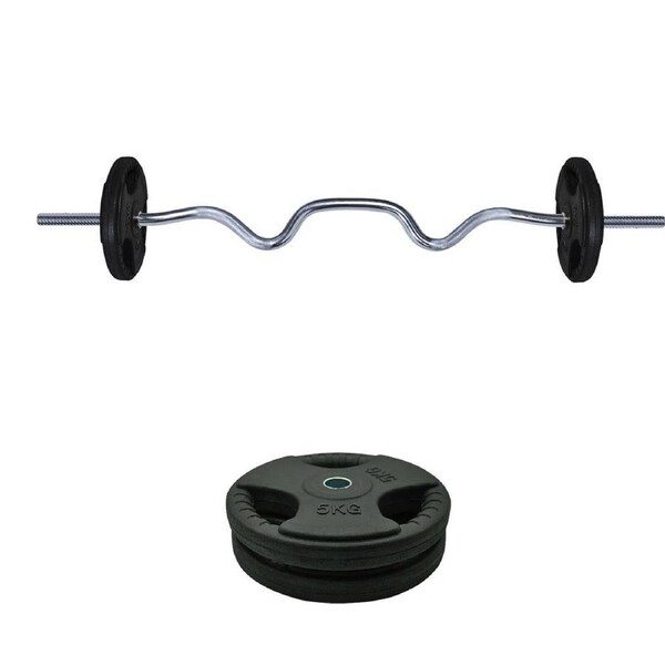 15kg Rubber Coated Cast Iron Weight Plate + 120cm Super Curl Barbell Weight Set