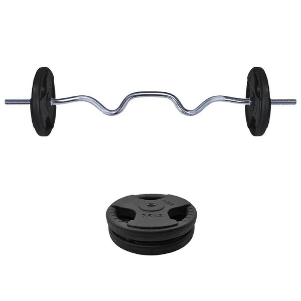 20kg Rubber Coated Cast Iron Weight Plate + 120cm Super Curl Barbell Weight Set