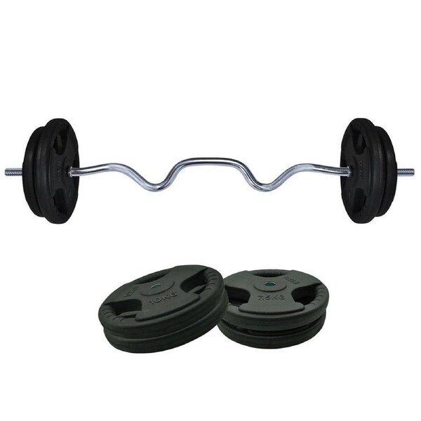 40kg Rubber Coated Cast Iron Weight Plate + 120cm Super Curl Barbell Weight Set