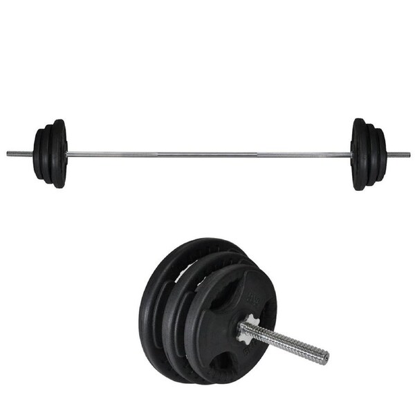 53kg Rubber Coated Ez Grip Cast Iron Weight Plate + 198cm Barbell Bar Weight Set
