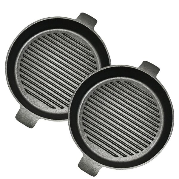 SOGA 2X 26cm Round Ribbed Cast Iron Frying Pan Skillet Steak Sizzle Platter with Handle