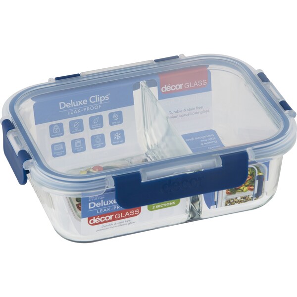 Decor Glass Deluxe Clips Leak Proof Split Sections Oblong 980ml