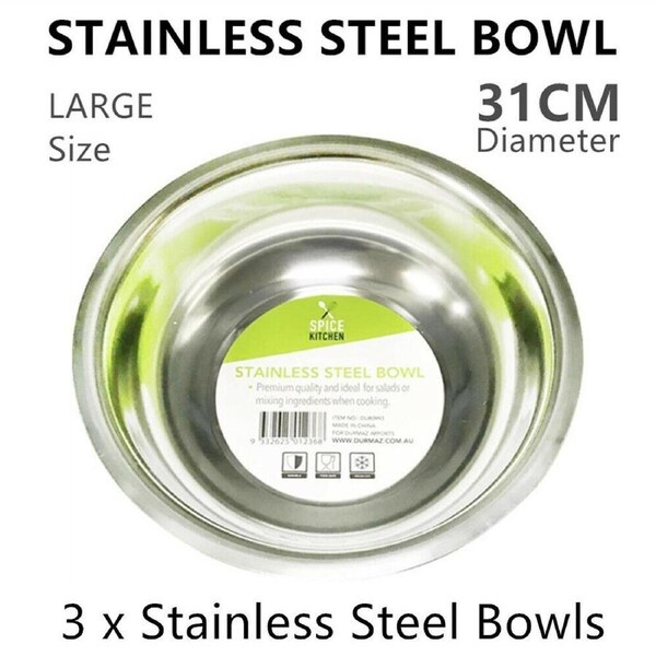 3x Large Stainless Steel Bowl 31CM Food Serving Mixing Salad Soup Fruit Noodle