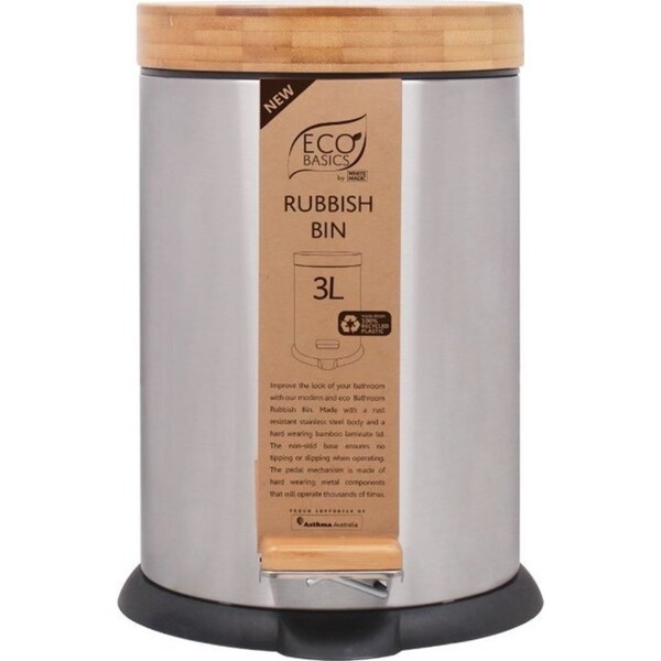White Magic Eco Basics 3L Bamboo & Stainless Steel Rubbish Bin