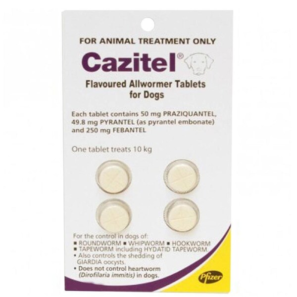 Cazitel All Wormer for Dogs 10kg/Tablet x 4 Round Hook Whip Tape Worms