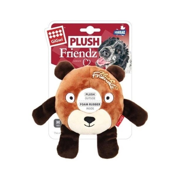 Gigwi Plush Friendz Dog Toy Rubber Ring Squeaker Bear Medium